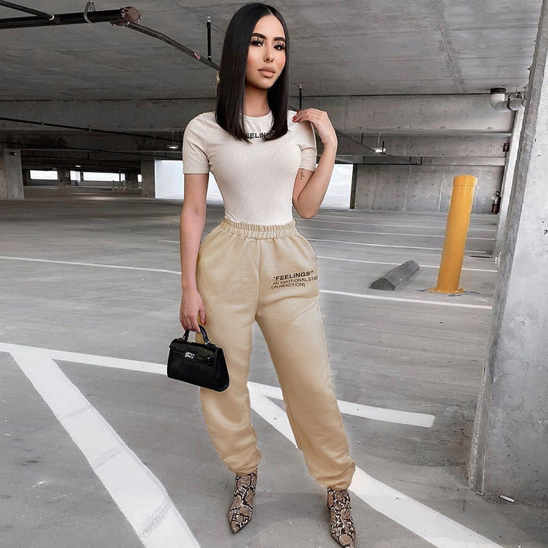 New Solid Color Slim-Fitting Casual Pants Women'S Elastic Waistband Letter Printed Sweatpants
