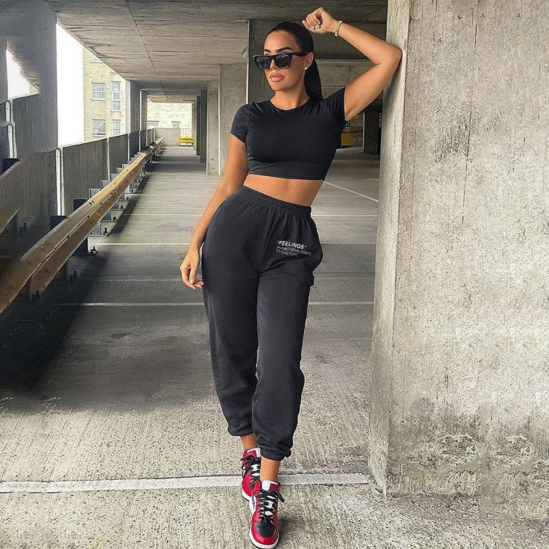 New Solid Color Slim-Fitting Casual Pants Women'S Elastic Waistband Letter Printed Sweatpants