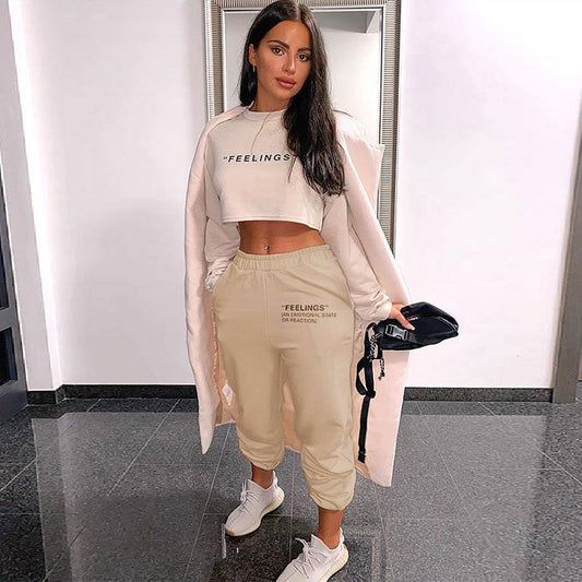New Solid Color Slim-Fitting Casual Pants Women'S Elastic Waistband Letter Printed Sweatpants