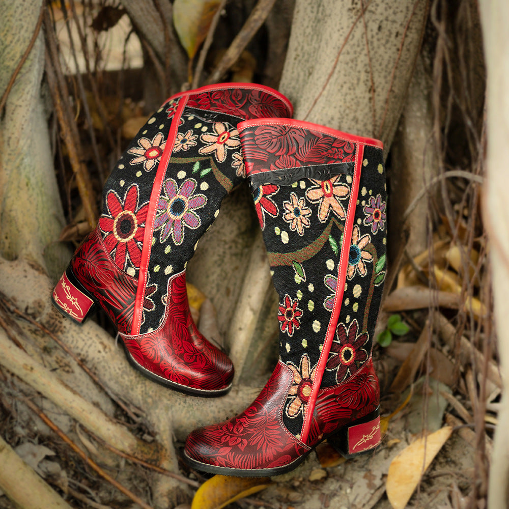 Casual Leather Retro Floral Ethnic Style Women'S Boots Adjustable Knee-Length Women'S Boots High Boots