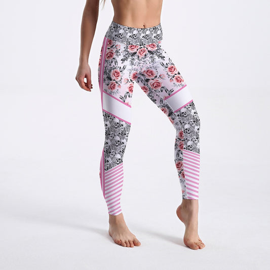 Qickitout Kvinde Skull og Blomst Leggings, Pink, Digital Print, Højtaljede Bukser, Stretch, Hot Sale
