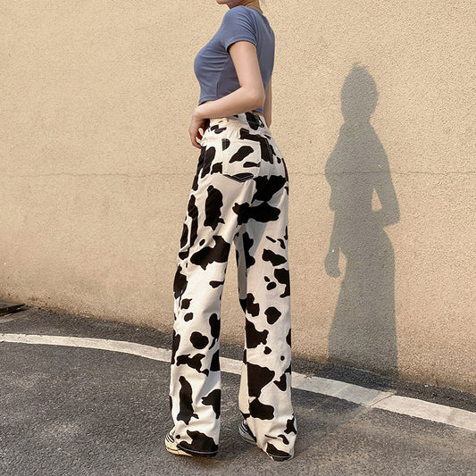 Cow Black And White  Printed Jeans Women'S Trousers European And American Style Fashion Straight-Leg Pants
