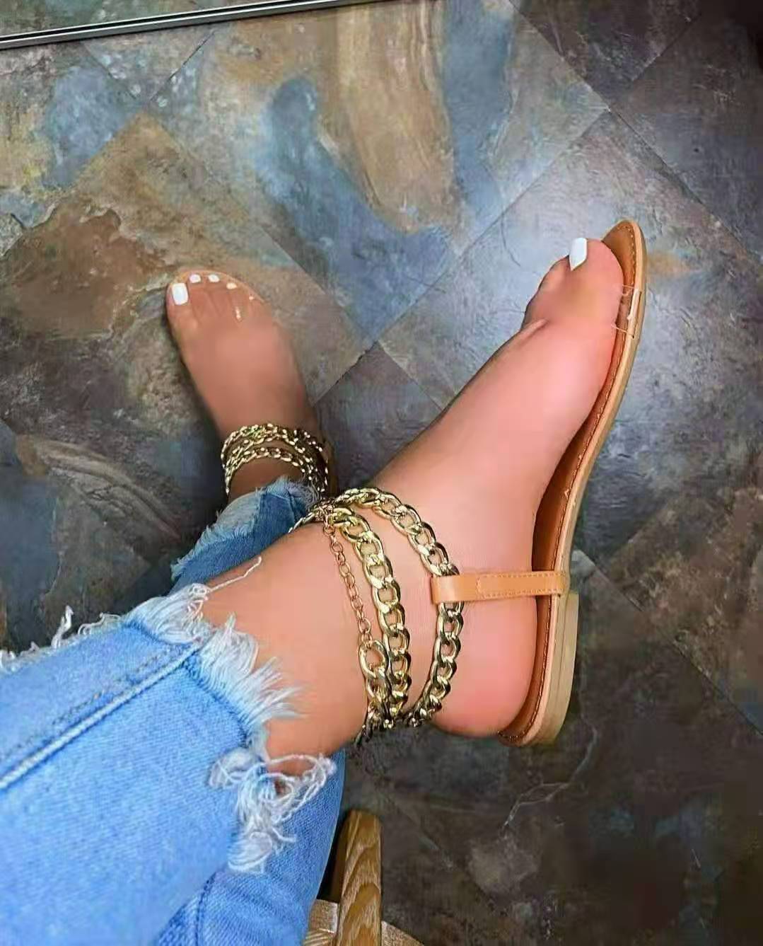 Large Size Sandals Women  New Flat Metal Chain Transparent Belt Sandals European And American Beach
