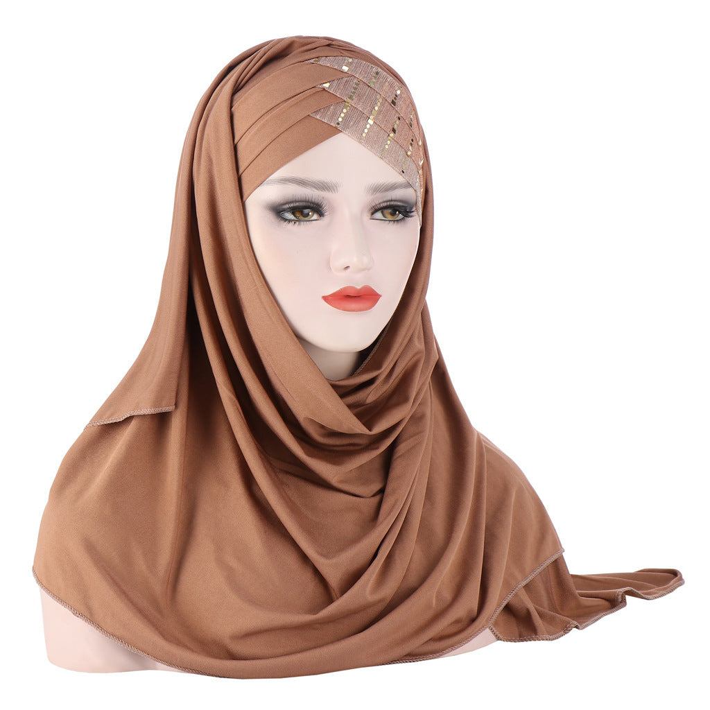 Glittertørklæde til kvinder, muslimsk hårbånd, turban, glitter, ensfarvet, jersey, hijabs,
