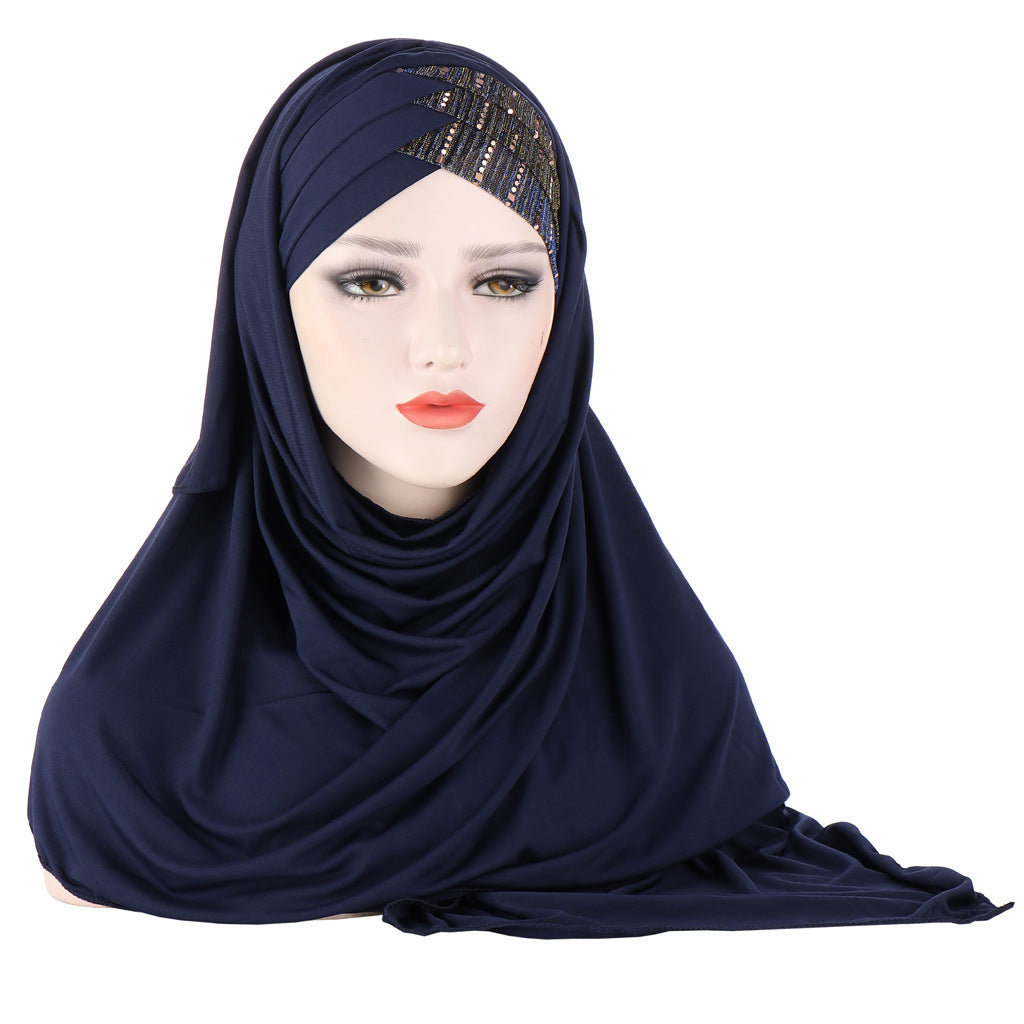 Glittertørklæde til kvinder, muslimsk hårbånd, turban, glitter, ensfarvet, jersey, hijabs,