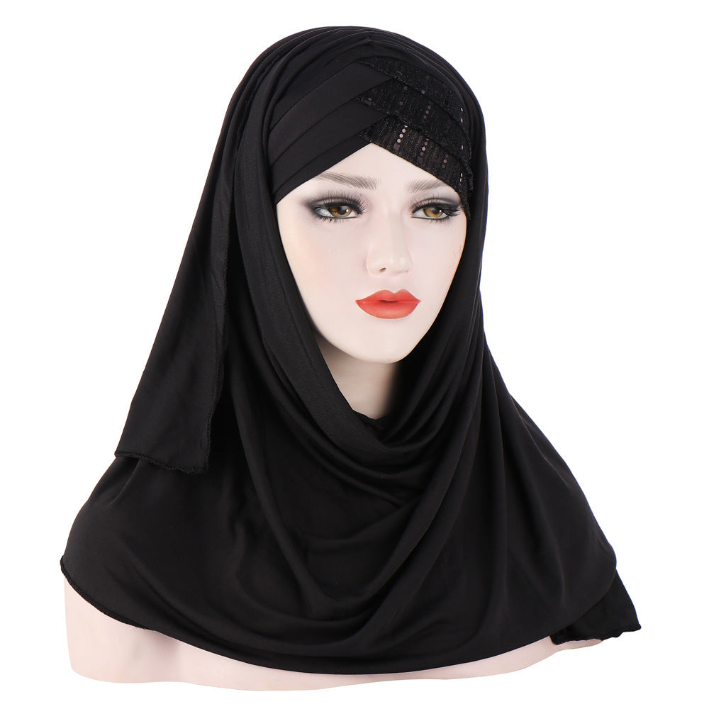 Glittertørklæde til kvinder, muslimsk hårbånd, turban, glitter, ensfarvet, jersey, hijabs,