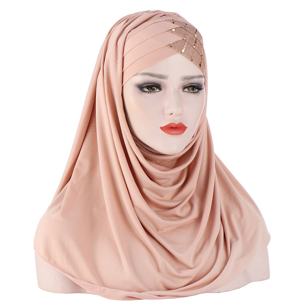 Glittertørklæde til kvinder, muslimsk hårbånd, turban, glitter, ensfarvet, jersey, hijabs,