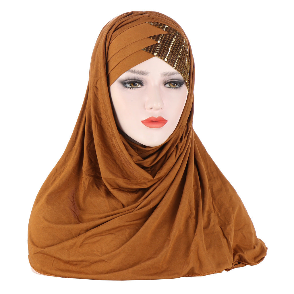 Glittertørklæde til kvinder, muslimsk hårbånd, turban, glitter, ensfarvet, jersey, hijabs,