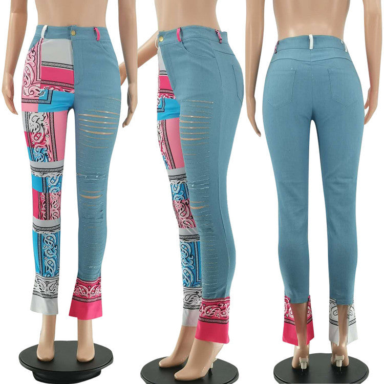 Jessie Fashion Print Patchwork Denim Pants