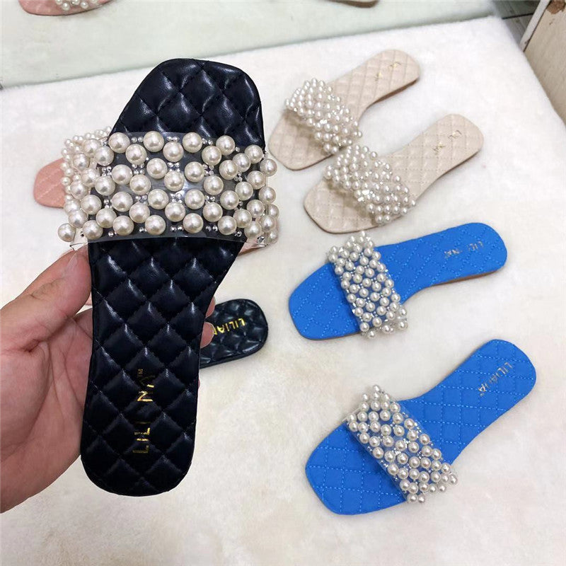 New Summer Flat Sandals Pearl Diamond Slippers For Lady