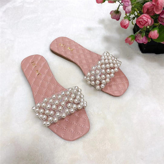 New Summer Flat Sandals Pearl Diamond Slippers For Lady