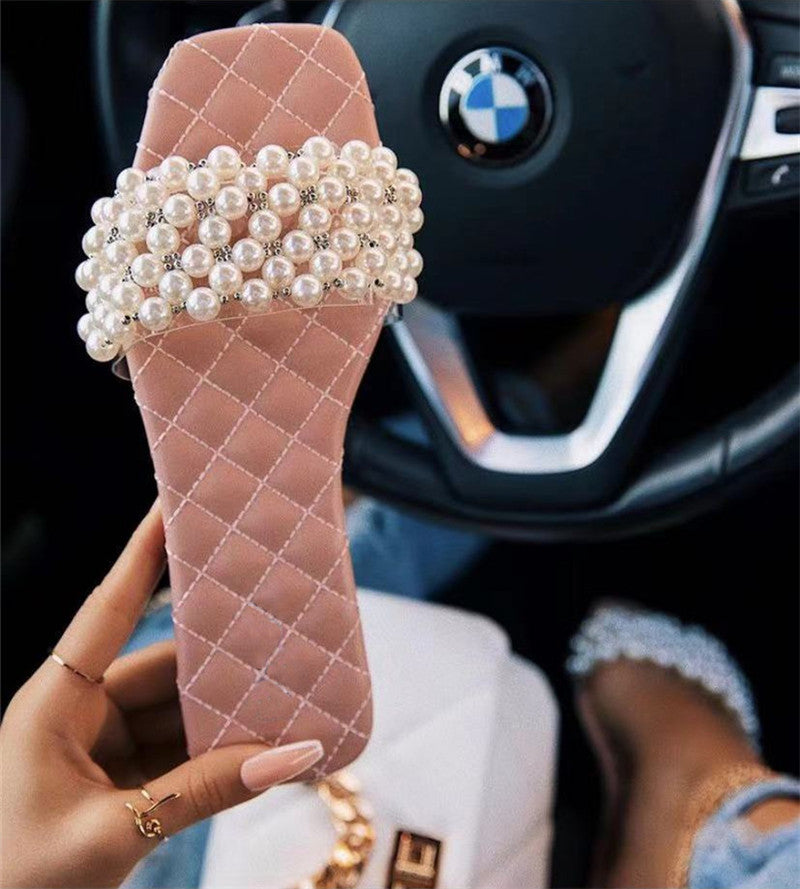 New Summer Flat Sandals Pearl Diamond Slippers For Lady