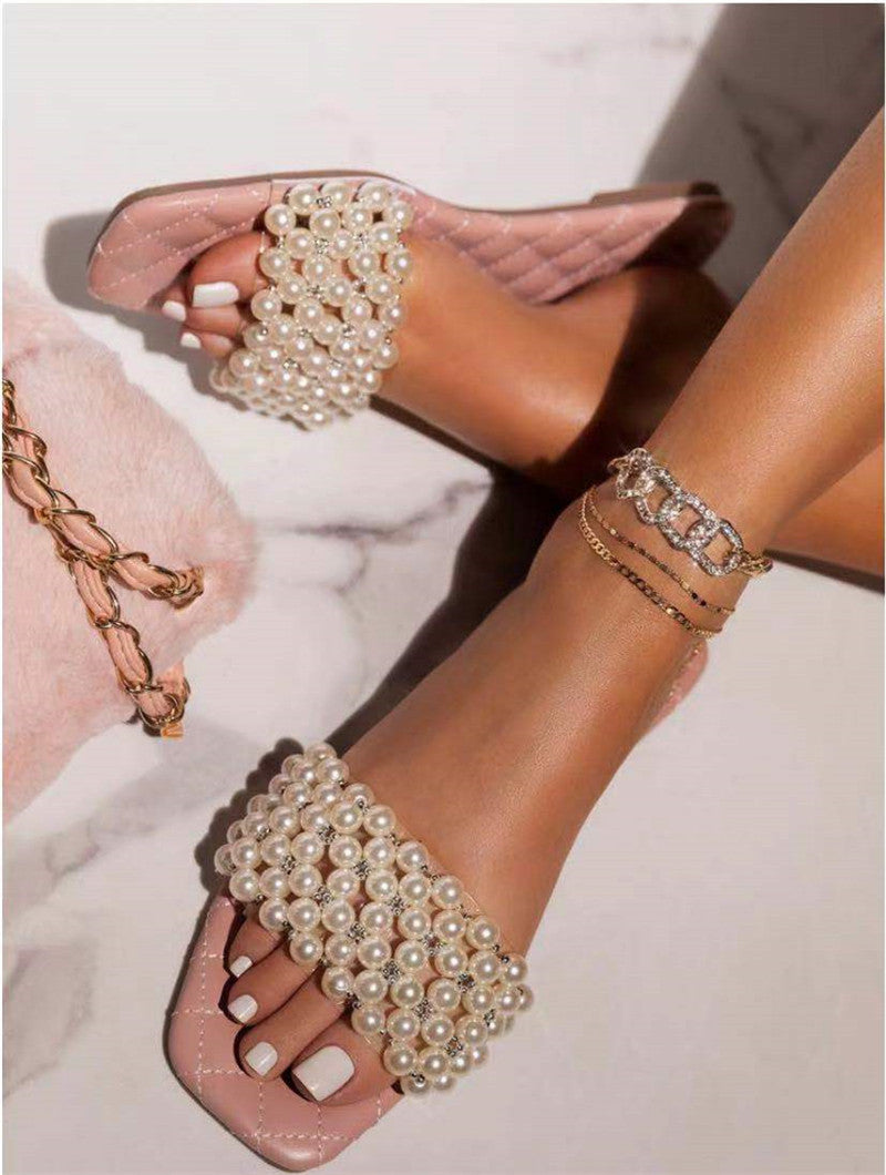 New Summer Flat Sandals Pearl Diamond Slippers For Lady