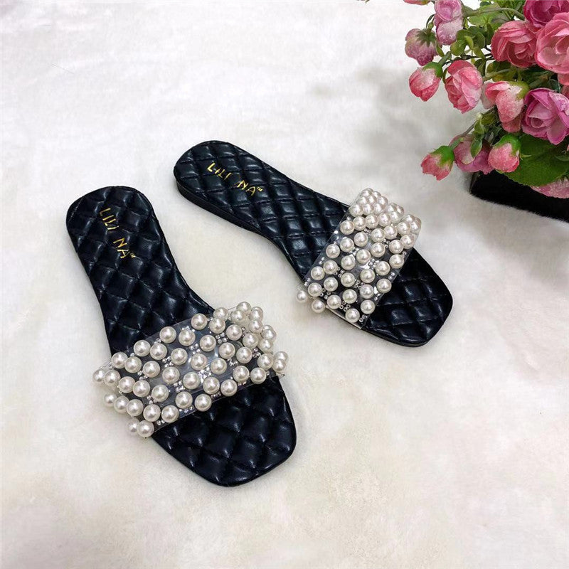 New Summer Flat Sandals Pearl Diamond Slippers For Lady