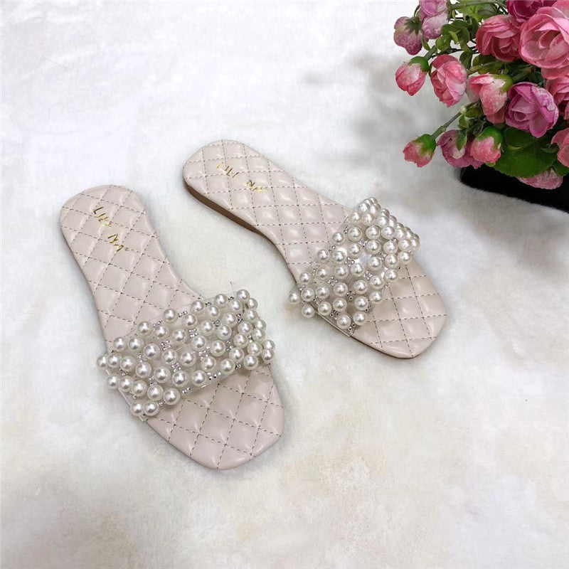 New Summer Flat Sandals Pearl Diamond Slippers For Lady