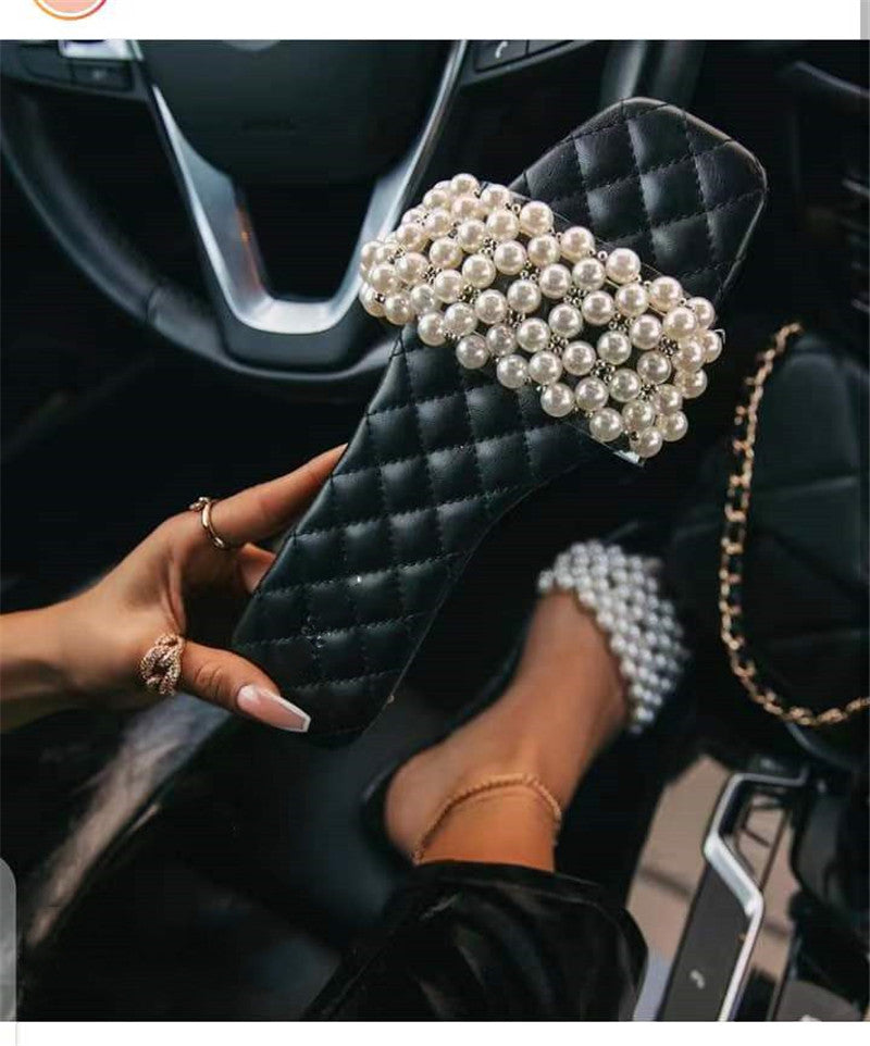 New Summer Flat Sandals Pearl Diamond Slippers For Lady