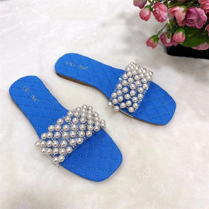 New Summer Flat Sandals Pearl Diamond Slippers For Lady