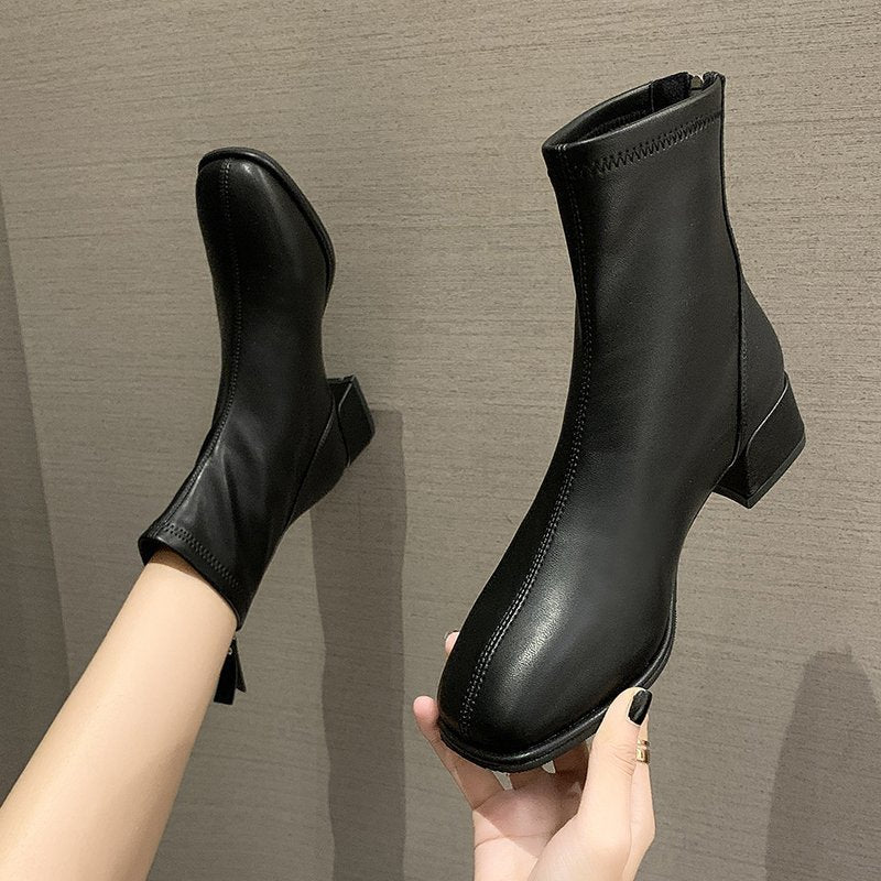 British Style Soft Leather Heel With Plush Boots In Large Size