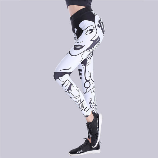 Thick Black And White Letter Print Tight Yoga Leggings