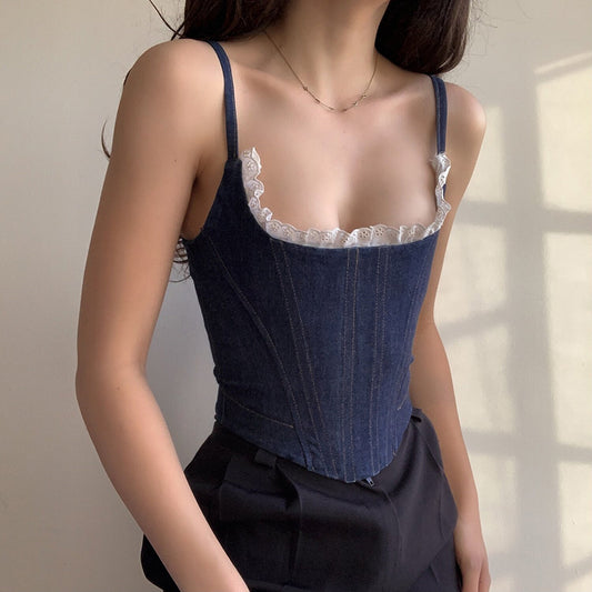 PixieKiki Vintage Blå Denim Korset Top med Bøjle