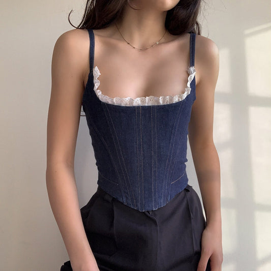 PixieKiki Vintage Blå Denim Korset Top med Bøjle