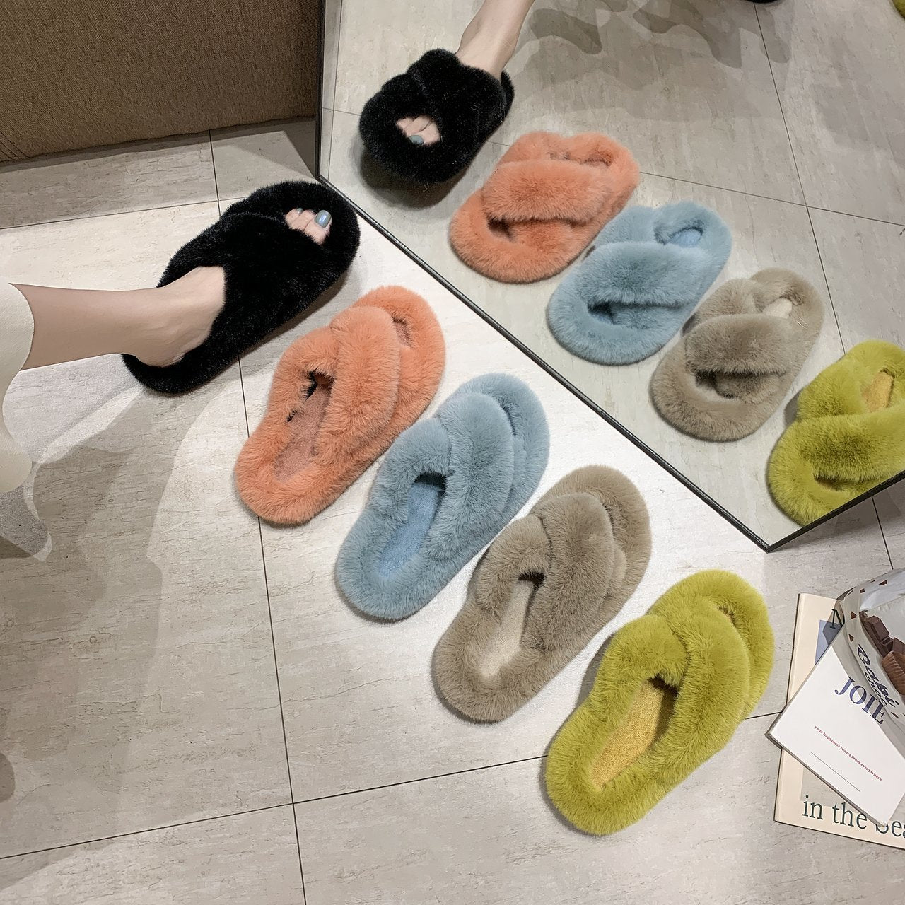 Furry Slippers Ladies Shoes Cute Plush Fox Hair Fluffy Sandals Indoor home Fur Slippers Winter Warm Slippers Women