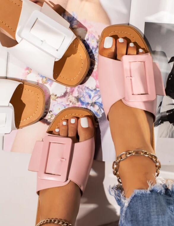 New European And American Toe Square Buckle Flat Slippers Lady