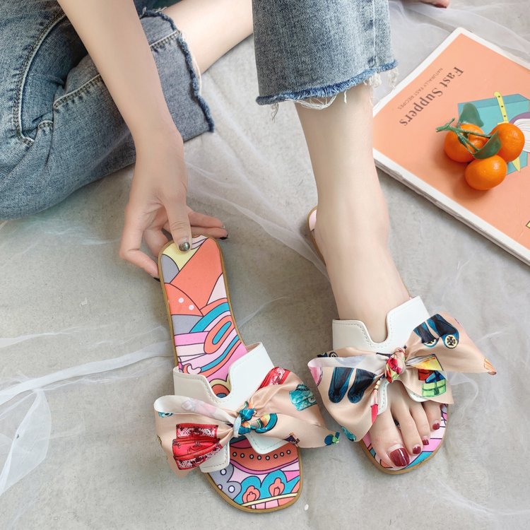 Flat Slippers With Colorful Ribbon Bow