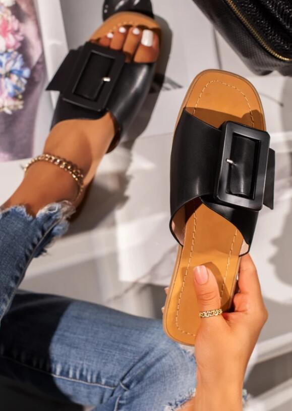 New European And American Toe Square Buckle Flat Slippers Lady
