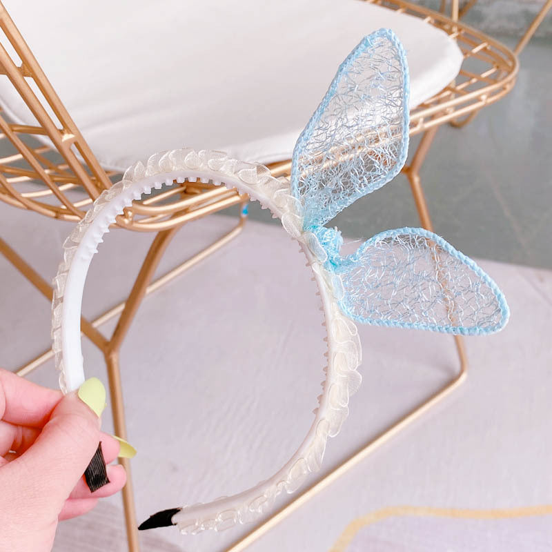 Hd4387A03 Bunny Girl. South Korea New Cute Ear Bow Fold Lace Pressed Hairband Headband Hair Accessories