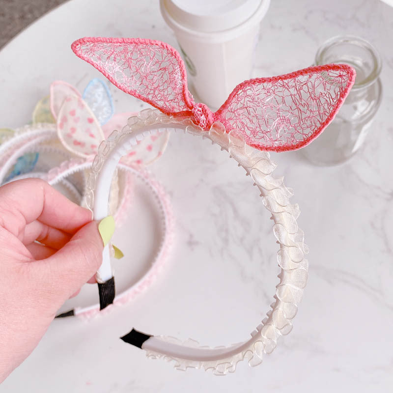 Hd4387A03 Bunny Girl. South Korea New Cute Ear Bow Fold Lace Pressed Hairband Headband Hair Accessories