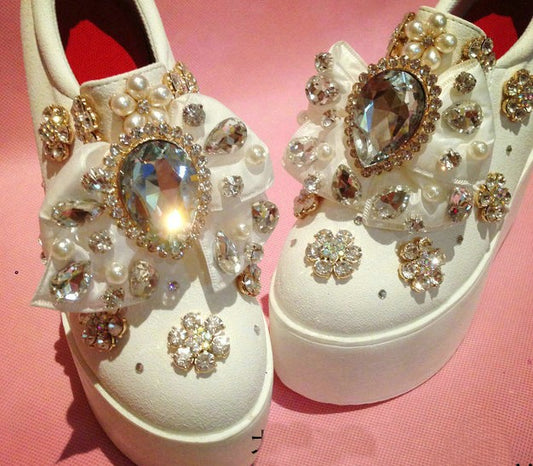 Customized Blingbling European Station Trendy Crystal Three-Dimensional Bow Gemstone Super Thick Bottom Loafers Trendy