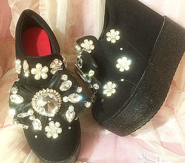 Customized Blingbling European Station Trendy Crystal Three-Dimensional Bow Gemstone Super Thick Bottom Loafers Trendy