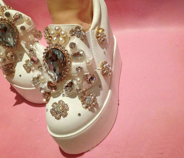 Customized Blingbling European Station Trendy Crystal Three-Dimensional Bow Gemstone Super Thick Bottom Loafers Trendy