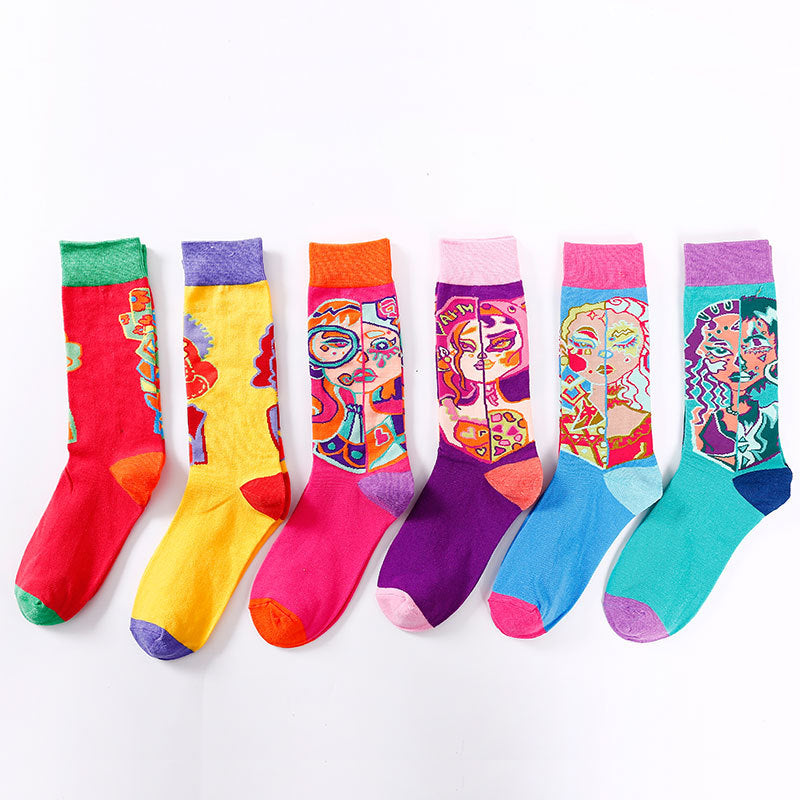 Tide Socks Creative Tube Socks Comic Cartoon Bright Color Couple Socks