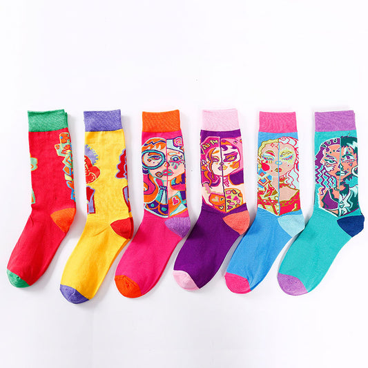 Tide Socks Creative Tube Socks Comic Cartoon Bright Color Couple Socks