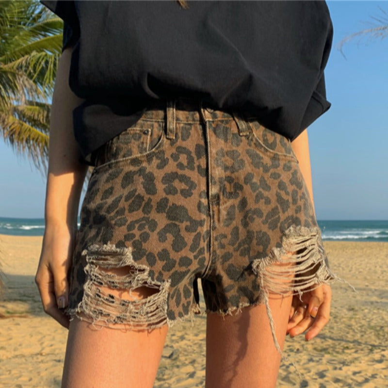 Leopard Print Jeans With Holes In The Frills, High Waist And Slim A-Line Shorts