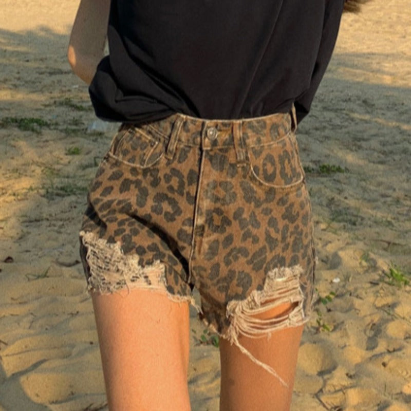 Leopard Print Jeans With Holes In The Frills, High Waist And Slim A-Line Shorts