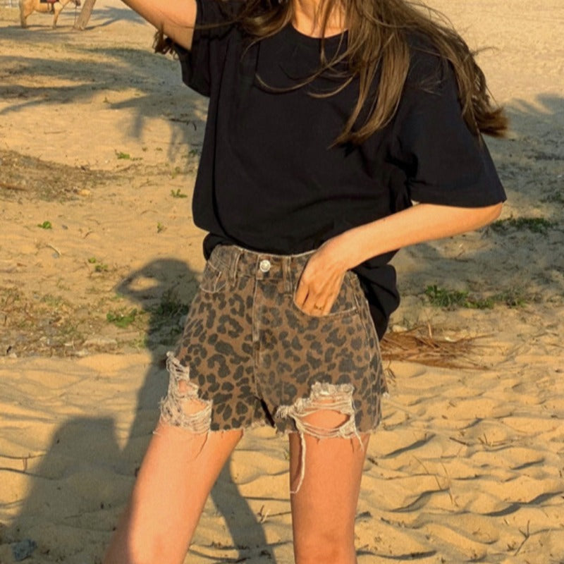 Leopard Print Jeans With Holes In The Frills, High Waist And Slim A-Line Shorts