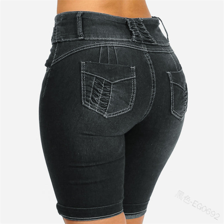 Summer Cuffed Shorts European And American Slim Pocket Hips Solid Color Jeans