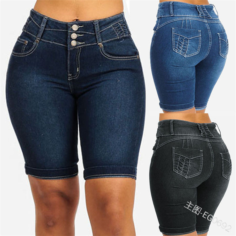 Summer Cuffed Shorts European And American Slim Pocket Hips Solid Color Jeans