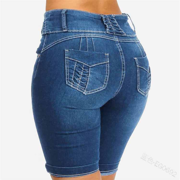 Summer Cuffed Shorts European And American Slim Pocket Hips Solid Color Jeans