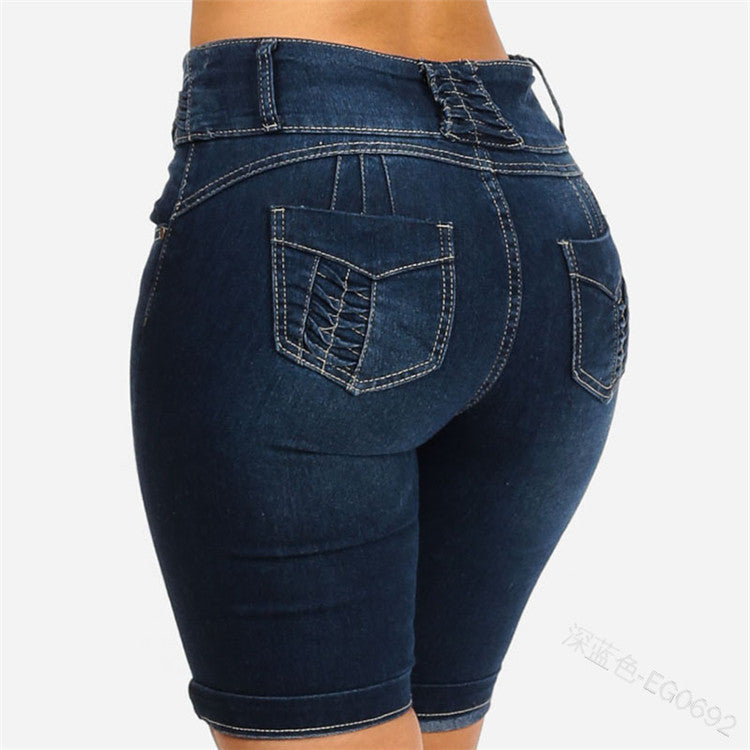Summer Cuffed Shorts European And American Slim Pocket Hips Solid Color Jeans