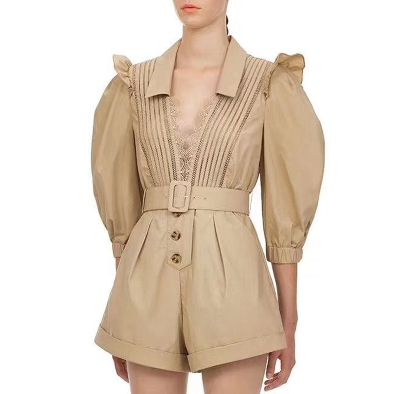 Lace Stitching High Waist Belted Jumpsuit Wide Leg Shorts Women