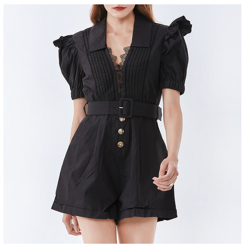 Lace Stitching High Waist Belted Jumpsuit Wide Leg Shorts Women