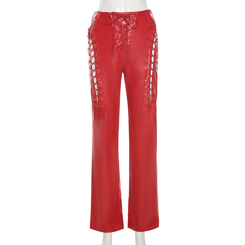 Modetrend Kvinders Nye Højtaljede Hule Stropper Lige Ben Leggings Slim Slankende Læderbukser