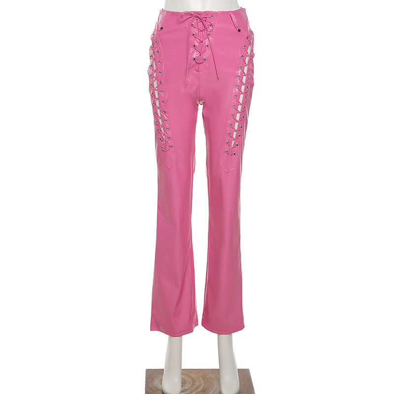 Modetrend Kvinders Nye Højtaljede Hule Stropper Lige Ben Leggings Slim Slankende Læderbukser