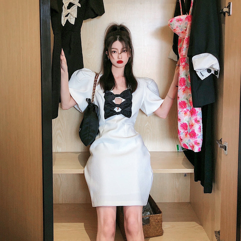 Dress Female Bowknot French Retro Waist Short Skirt