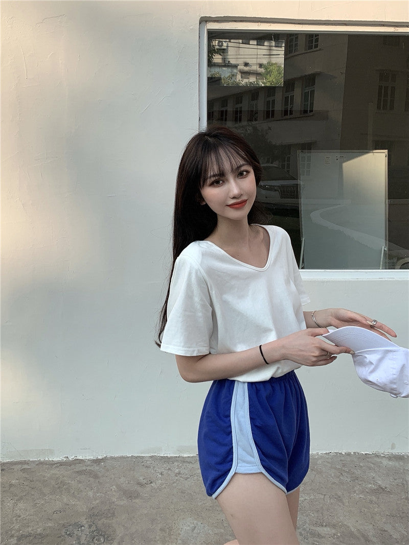 Blue Shorts High Waist Wide Legs Slim Pants