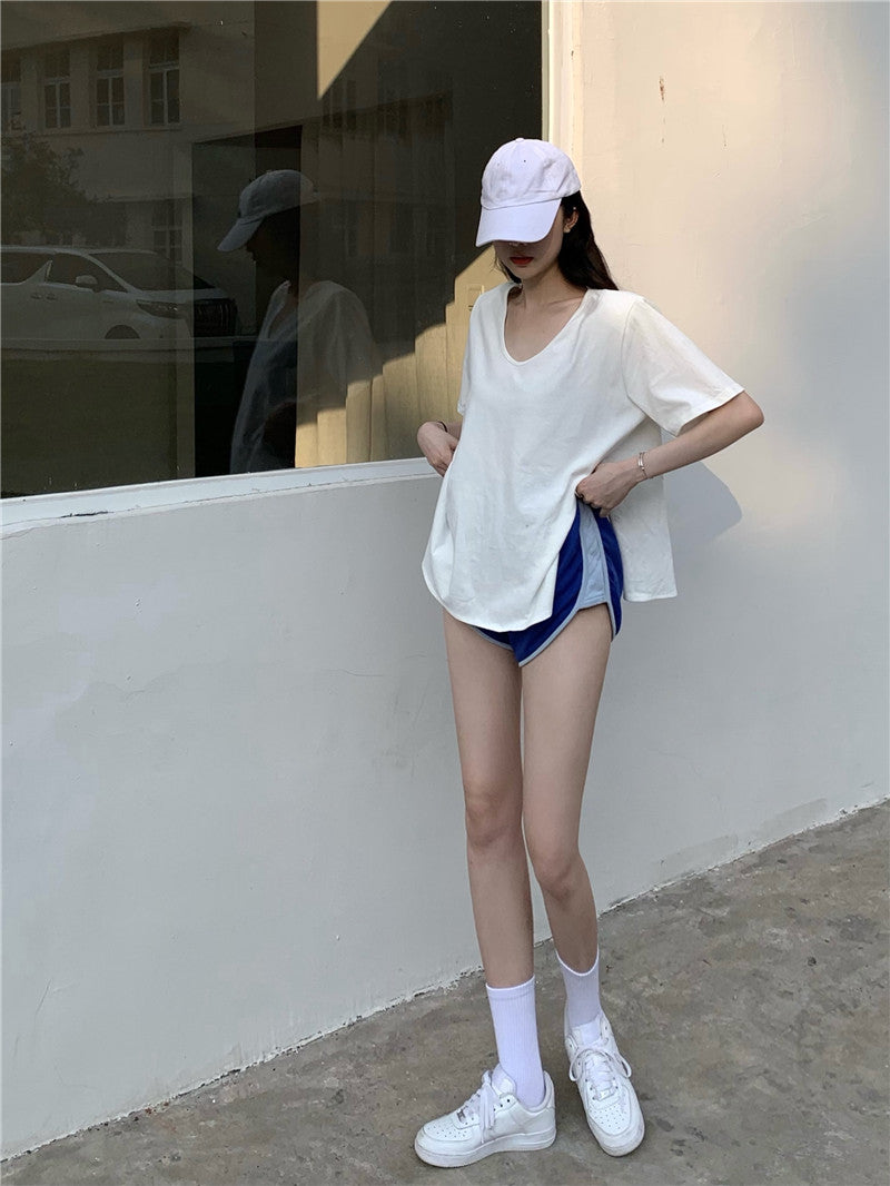Blue Shorts High Waist Wide Legs Slim Pants